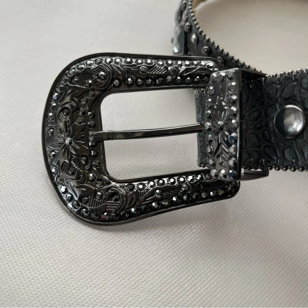 Nocona Grey Charcoal Rhinestone Studded Leather Western Belt